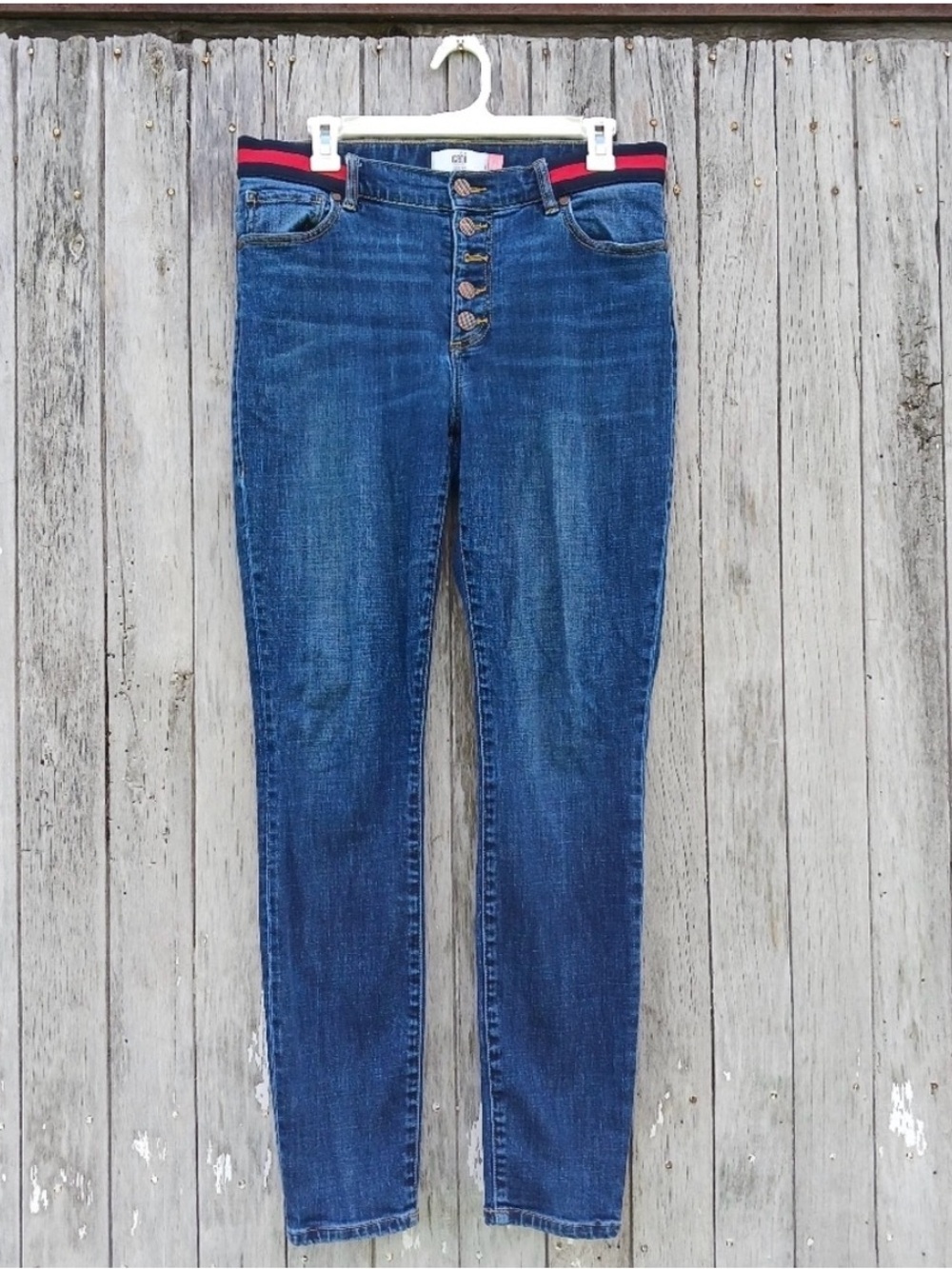 Cabi Button Fly Skinny Blue Jeans
Red Black Waistband
Women's Size 10